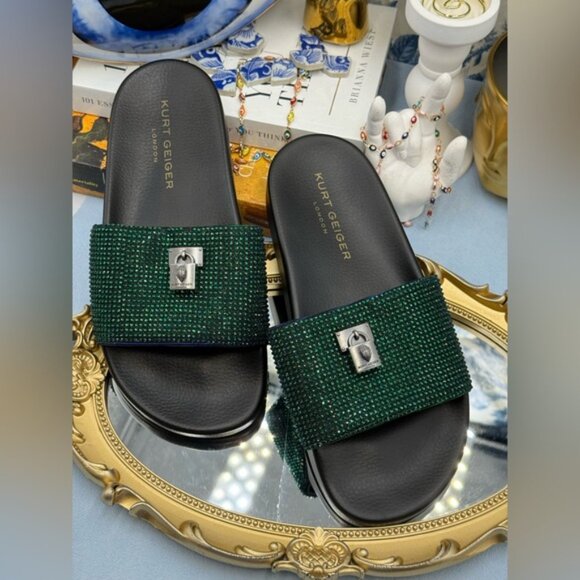 🆕 KURT GEIGER LONDON 🧿 NWOB Brixton Poolslide, Blue Green Crystals - Sz 37 US7 - Picture 5 of 15